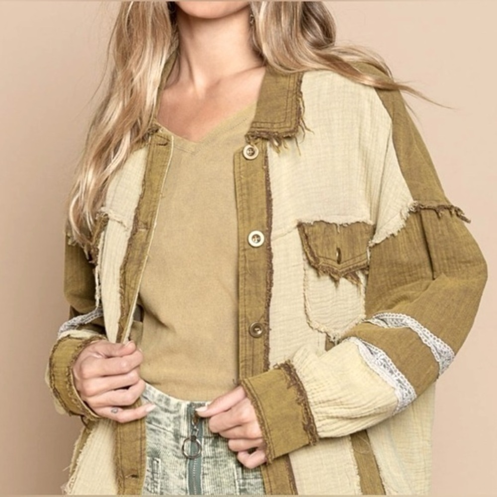 POL Frayed Boho Gauze Crepe Shacket Jacket Taupe Oversized Med NWT